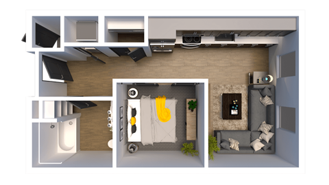 an overhead view of a house with a bedroom and a living room